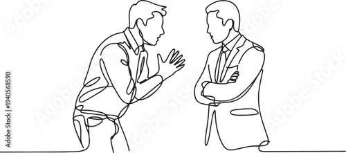 Continuous line drawing of two men having an intense conversation, one in casual clothes and one in business suit, communication concept.one line vector icon illustration
