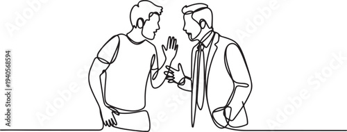 Continuous line drawing of two men having an intense conversation, one in casual clothes and one in business suit, communication concept.one line vector icon illustration