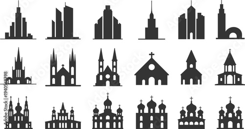 Collection of black silhouettes of various buildings including skyscrapers churches and cathedrals