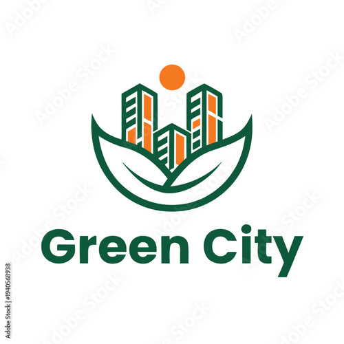 Green city buildings with leaf symbol and orange sun