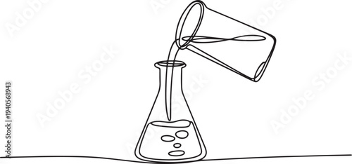 Continuous one line drawing of pouring liquid on flask glass. Laboratory equipment outline vector illustration. Research and science concept.one line vector icon illustration