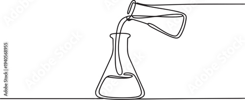 Continuous one line drawing of pouring liquid on flask glass. Laboratory equipment outline vector illustration. Research and science concept.one line vector icon illustration