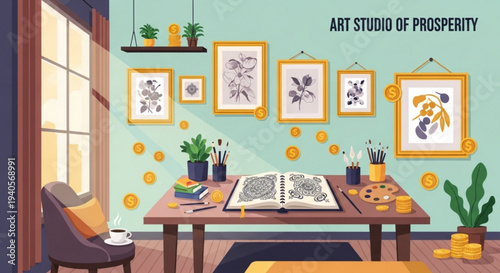 Cozy art studio with desk chair plants paintings and supplies for creative hobbies and leisure activities indoors