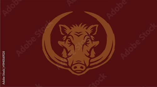 Stylized Warthog Head Emblem with Tusks and Crescent Moon.