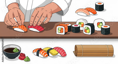 A chef preparing sushi rolls and sashimi on a wooden counter with various ingredients and utensils