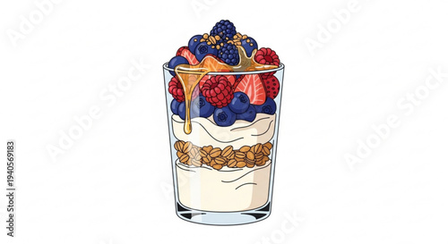 Delicious layered dessert glass with yogurt granola mixed berries and honey