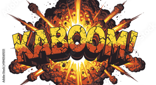 KABOOM! comic book explosion text with fire and smoke