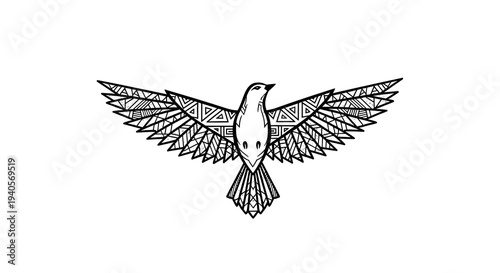 Tribal bird illustration with geometric pattern wings in black and white line art style showing ethnic eagle or hawk flying with spread wings on clean white background for cultural logo design theme