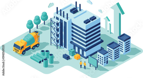 Isometric urban construction project, modern city building development, concrete mixer truck and workers, infrastructure growth concept illustration design