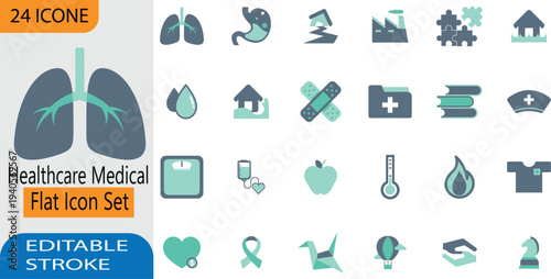Healthcare Medical Flat Icon Set – Editable Stroke Hospital, Medicine and Health Care Vector Icons Collection