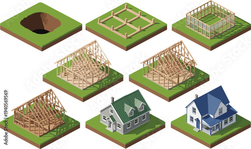 Isometric house construction process, home building stages, foundation framing roofing finishing, residential development concept, architecture engineering illustration