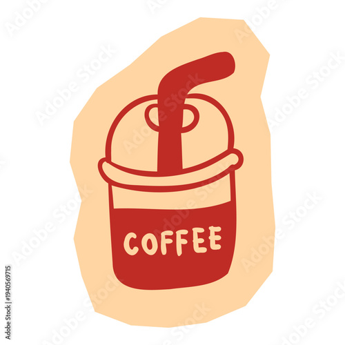 Hand drawn coffee cup with straw and COFFEE text on orange abstract shape for scrapbook and journal. Vector illustration design.