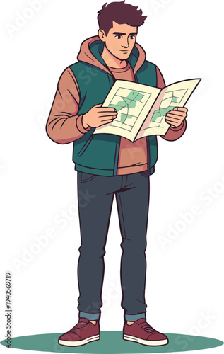 Escursionista con mappa che cerca la strada in montagna – illustrazione vettoriale