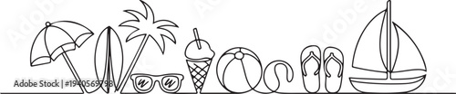 One continuous line drawing of It's summer holiday vector illustration. All about summer activity, things, transport, beach, food and games design.one line vector icon illustration