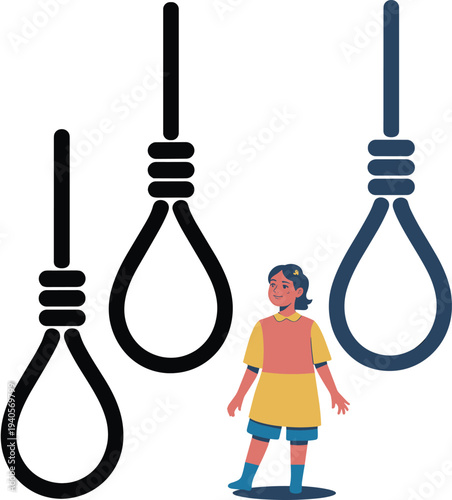 Hanging rope noose vector set, gallows knot symbols illustration, crime punishment concept icons, warning danger clipart design