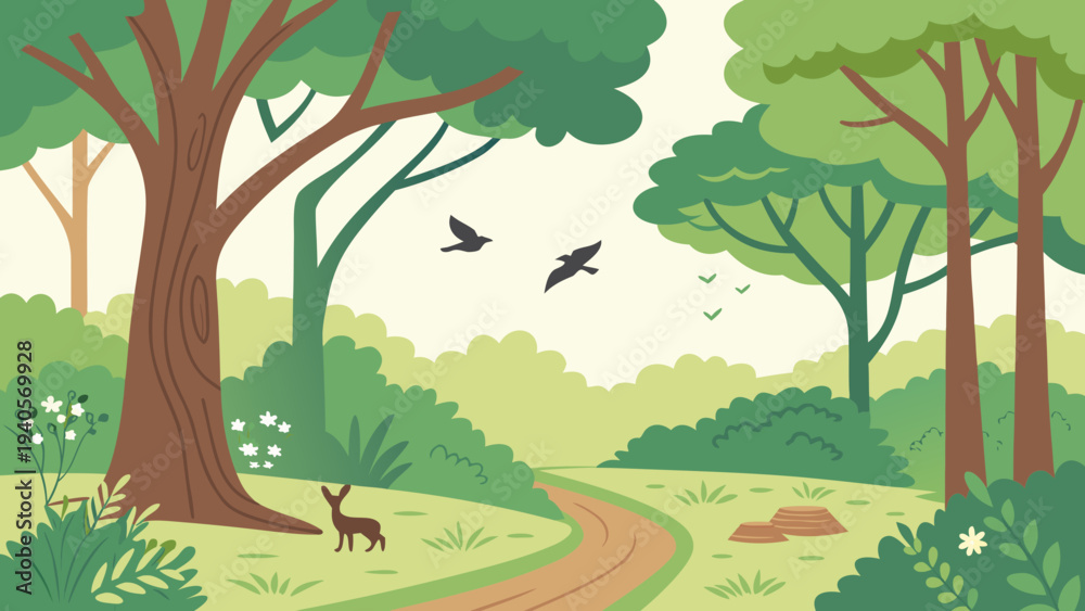 Fototapeta premium Serene forest landscape with deer and birds in natural scenery