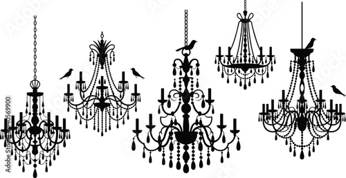 Five ornate black chandeliers with birds perched on them against a white background
