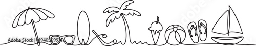 One continuous line drawing of It's summer holiday vector illustration. All about summer activity, things, transport, beach, food and games design.one line vector icon illustration