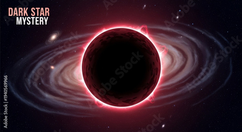 Dark star mystery with swirling red and white accretion disk in deep space with stars