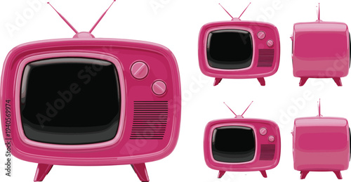 Pink retro television, vintage TV set illustration, cute cartoon style, old fashioned broadcast screen icon isolated on white background design