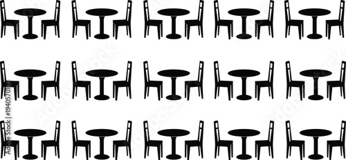 Restaurant table and chair silhouette set illustration, cafe furniture collection, dining seating arrangement icons, minimal vector interior design elements