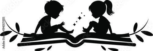 Silhouette of a boy and girl reading an open book with decorative and sparkles