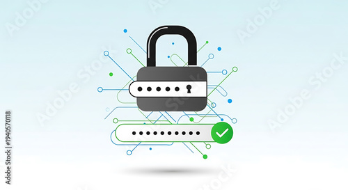 A vector graphic illustration of a secure padlock with a password field and green checkmark, symbolizing online security and protection.
