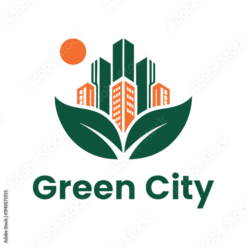 Green city skyline on leaves with orange sun buildings