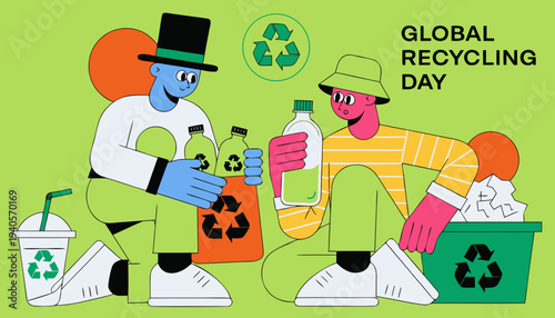 Cartoon people recycling plastic bottles and paper on Global Recycling Day