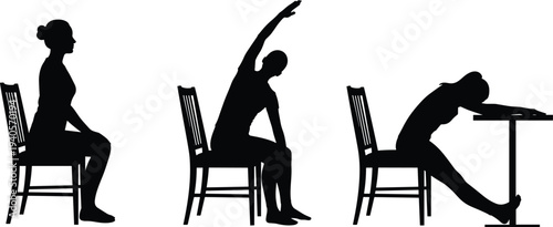 seated stretching exercise silhouette, woman chair yoga workout poses, office desk stretch routine, workplace fitness posture improvement illustration