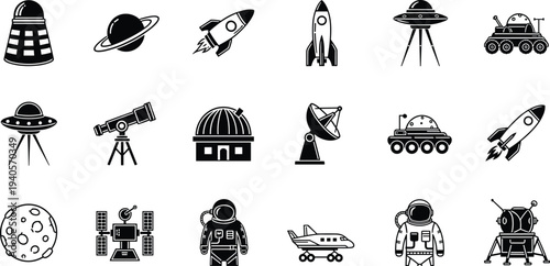 Space exploration icons set, astronomy vector symbols, rocket shuttle illustration, astronaut design artwork, UFO alien graphic, planetary science fiction collection