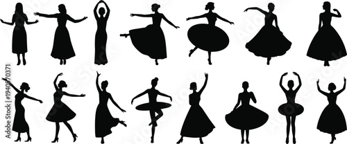 Silhouettes of ballerinas in various dance poses wearing long dresses and tutus against a white background