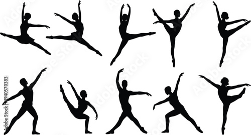 Silhouettes of dancers performing various ballet poses in black against a white background