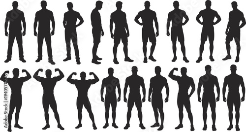 Male body silhouette vector set, muscular fitness man poses collection, bodybuilding athlete figures, black human anatomy clipart illustration bundle