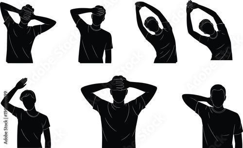 Man stretching silhouette vector set, fitness warm up exercise poses collection, male workout training illustration, healthy lifestyle clipart