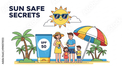 Family enjoying sunny beach with spf 50 sunscreen and sun protection