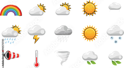 Weather icons, meteorological symbols, climate graphics, forecast illustrations, rainbow design, sunny cloudy visuals, storm rain snow icons, wind temperature signs