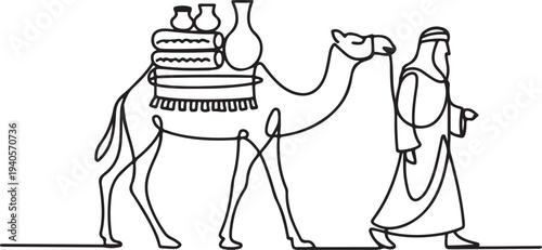 Symbol of life in the old Arab country. One continuous line of images of the kaaba and a camel driver and a camel carrying merchandise.one line vector icon illustration