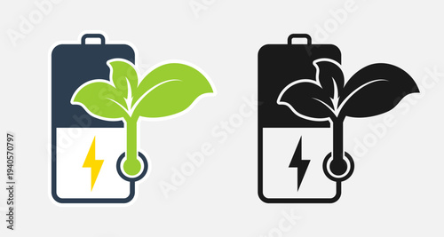 Eco friendly battery icon with green plant sprout and lightning bolt symbol for sustainable energy and green technology concept.