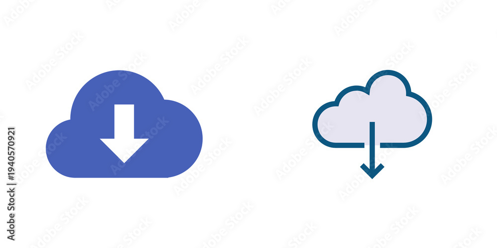 Obraz premium Two distinct cloud download icons, one solid blue and one outlined, isolated on transparent background