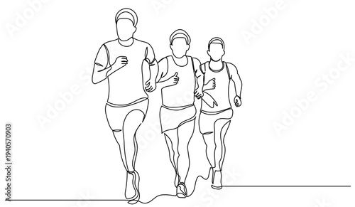 Continuous line drawing of three marathon runners running together, outline illustration of athletes in motion, sports competition concept, simple black line art isolated on a white background.