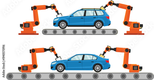 Automated car manufacturing assembly line, robotic arms building vehicle, smart factory automotive production technology illustration isolated design