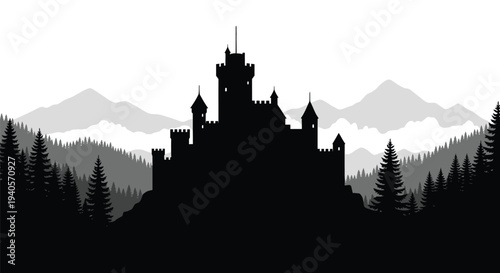 Dramatic castle landscape with mountains and trees a striking silhouette