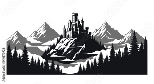 Dramatic castle landscape with mountain backdrop a striking silhouette