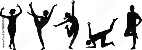 Silhouettes of people performing various dance and exercise poses in black and white