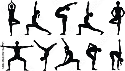 Silhouettes of people performing various yoga poses against a white background black