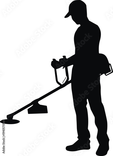 Metal detector operator silhouette searching ground, treasure hunting hobby activity, outdoor exploration equipment, security scanning vector illustration design