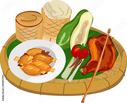 Thai Som Tam Papaya Salad Set with Mortar on Rattan Tray