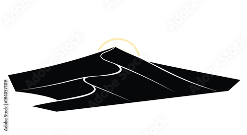 Minimalist landscape featuring rolling dunes and a rising sun silhouette