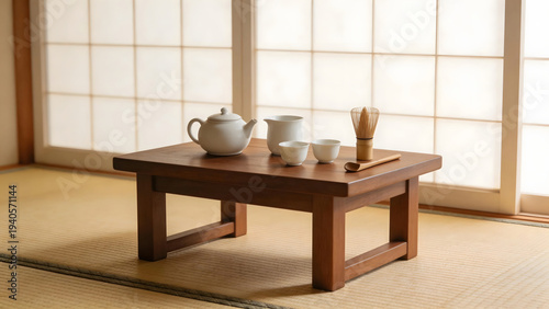 Traditional Japanese Tea Set on Wooden Table